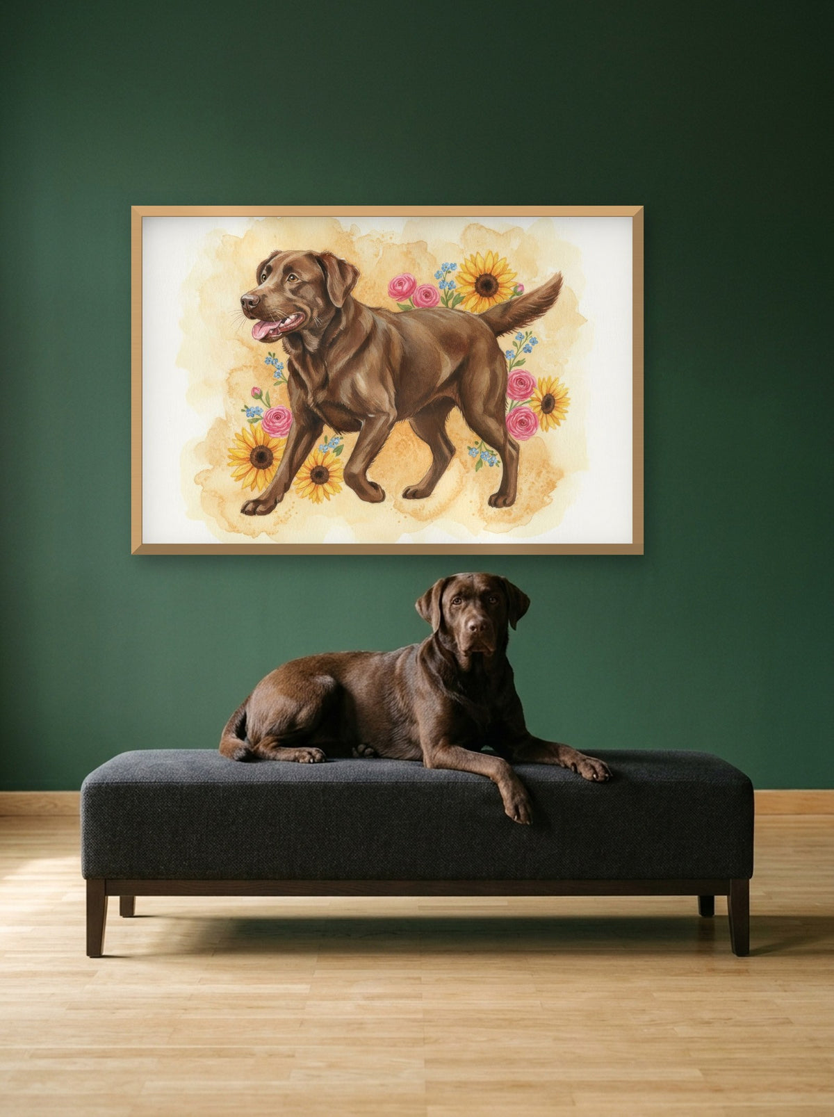 Chocolate - Labrador Retriever watercolour-style print, framed on the wall above a labrador retriever on a gallery bench (AI-generated photo)