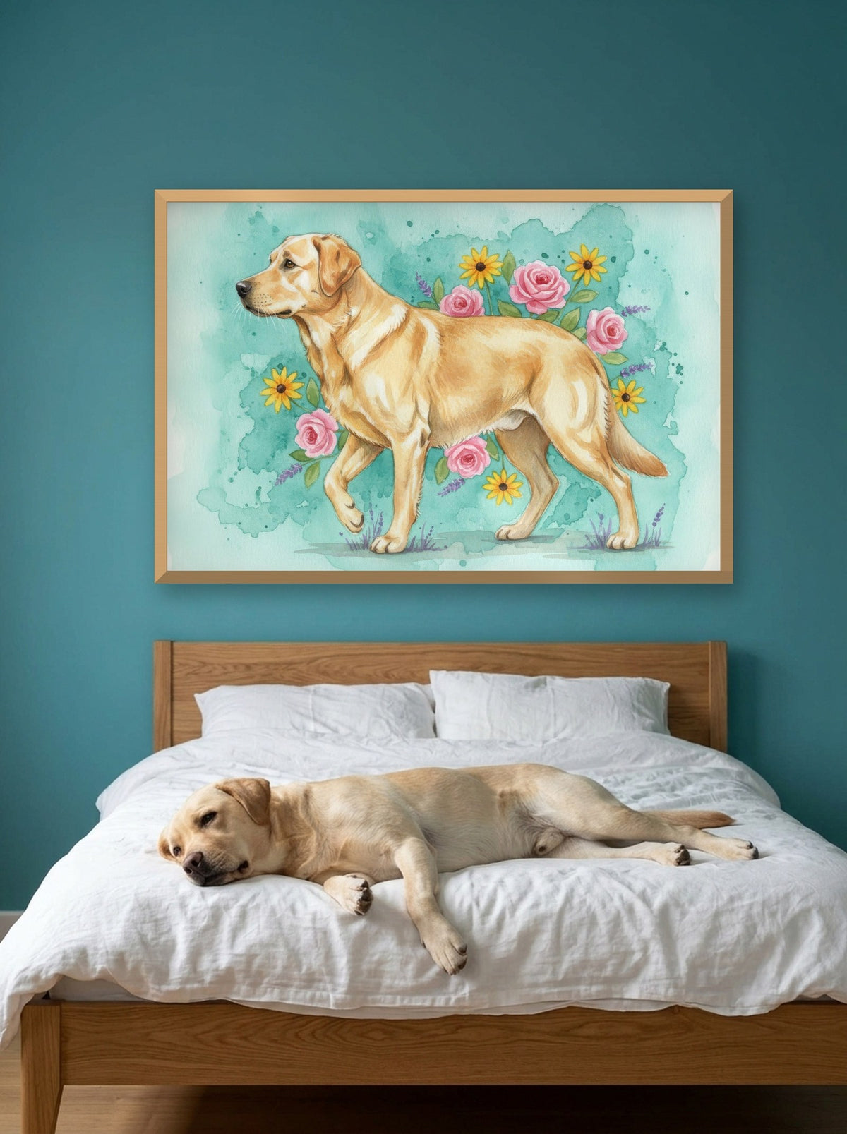 Yellow - Labrador Retriever watercolour-style print, framed on the wall above a labrador retriever on a bed (AI-generated photo)