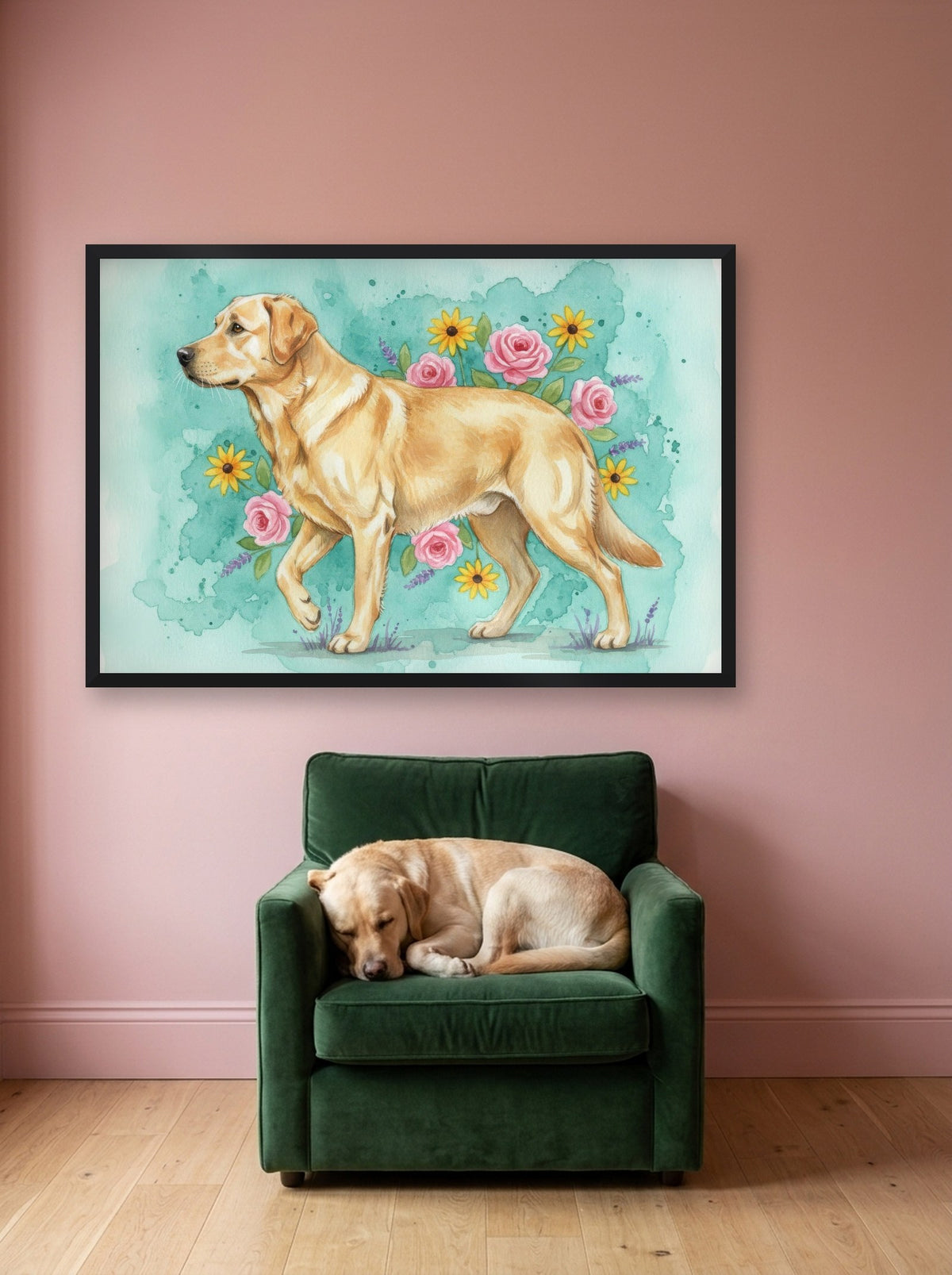 Yellow - Labrador Retriever watercolour-style print, framed on the wall above a labrador retriever in an armchair (AI-generated photo)