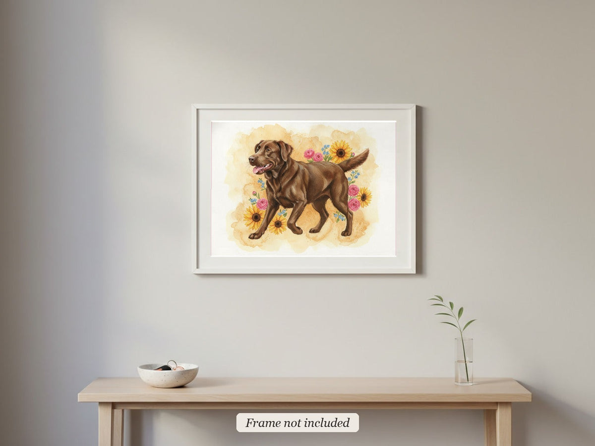 Chocolate - Labrador Retriever watercolour print in a slim white frame (frame not included) in an entrance hall