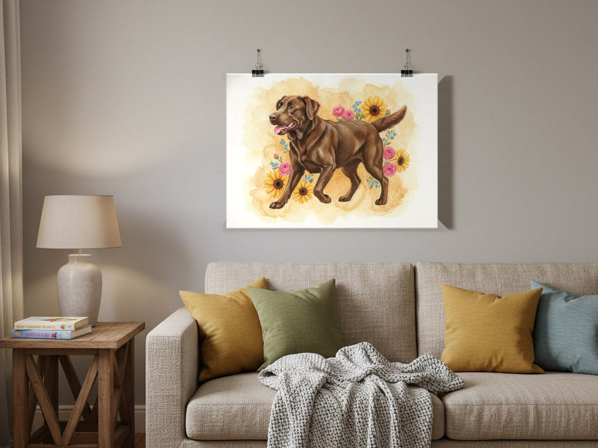 Chocolate - Labrador Retriever watercolour print hung with clips in a family living room