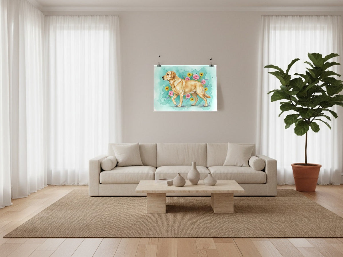 Yellow - Labrador Retriever watercolour print hung with clips in a designer loft