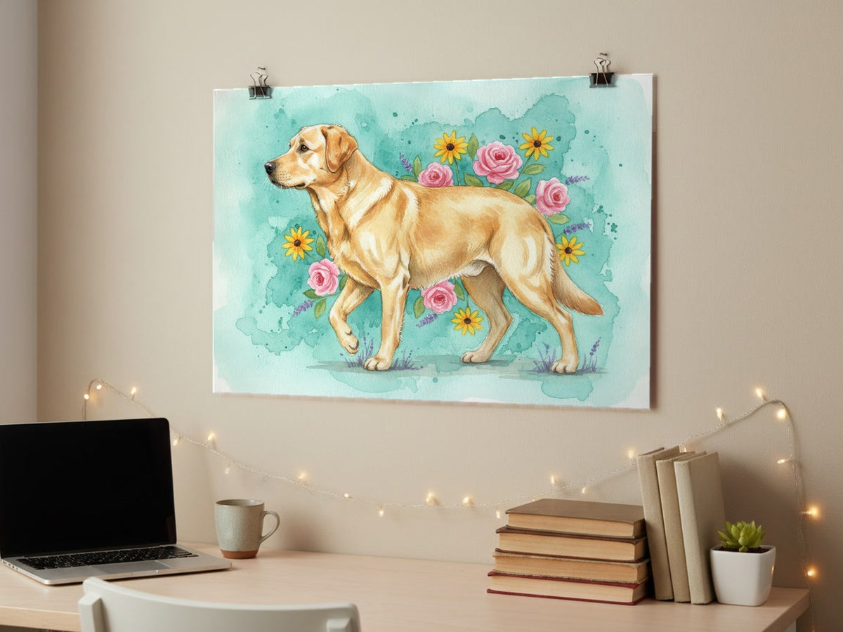 Yellow - Labrador Retriever watercolour print hung with clips above a student desk