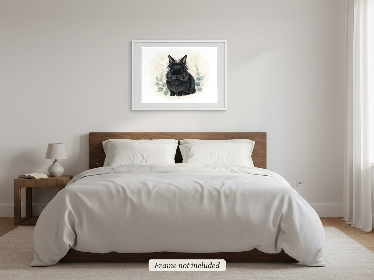 Black - Lionhead Rabbit watercolour print in a slim white frame (frame not included) in a bedroom