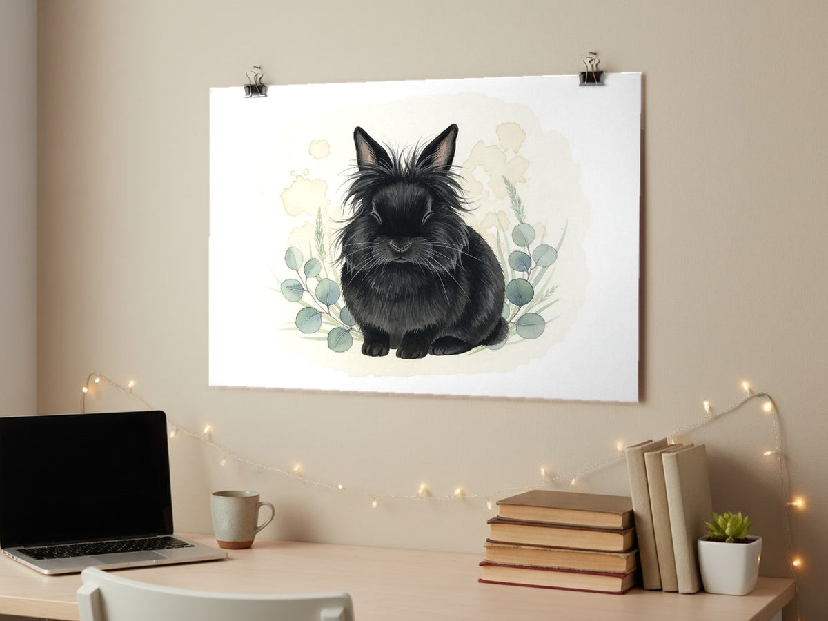 Black - Lionhead Rabbit watercolour print hung with clips above a student desk