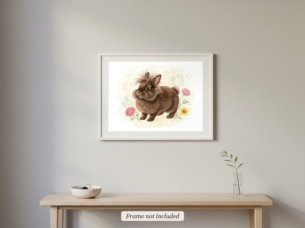 Chocolate - Lionhead Rabbit watercolour print in a slim white frame (frame not included) in an entrance hall