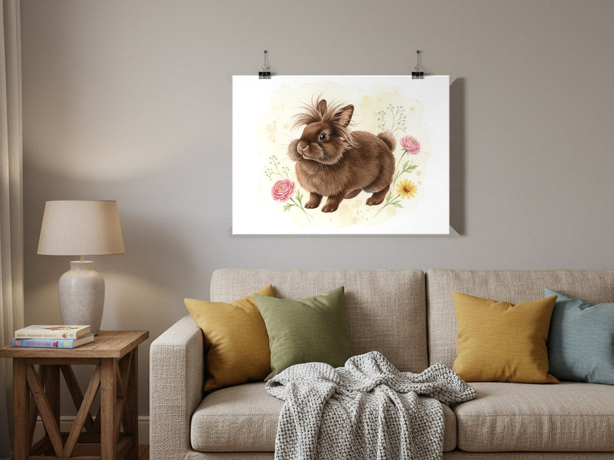 Chocolate - Lionhead Rabbit watercolour print hung with clips in a family living room