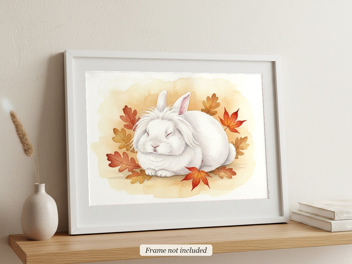 Ruby-Eyed White - Lionhead Rabbit watercolour print in a slim white frame (frame not included), leaning on a picture ledge