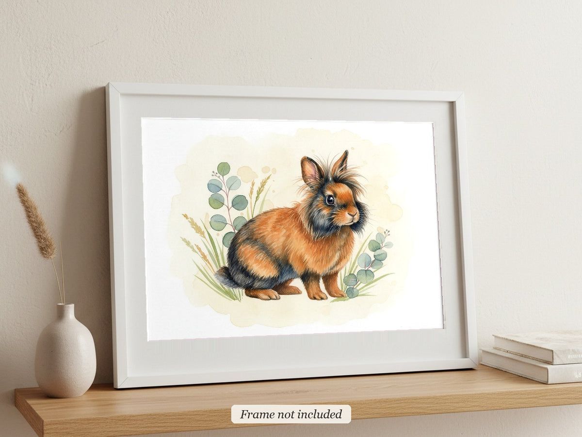 Tortoiseshell - Lionhead Rabbit watercolour print in a slim white frame (frame not included), leaning on a picture ledge