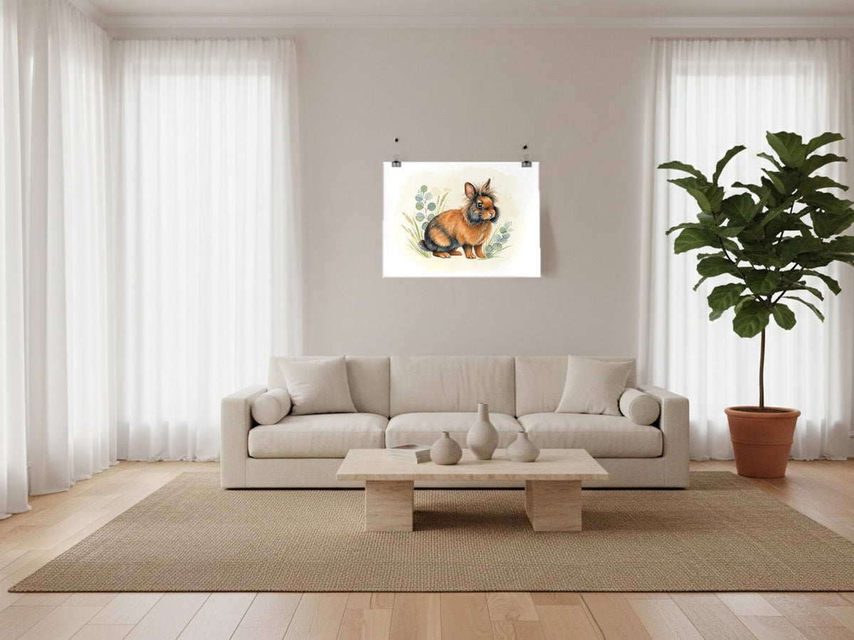 Tortoiseshell - Lionhead Rabbit watercolour print hung with clips in a designer loft