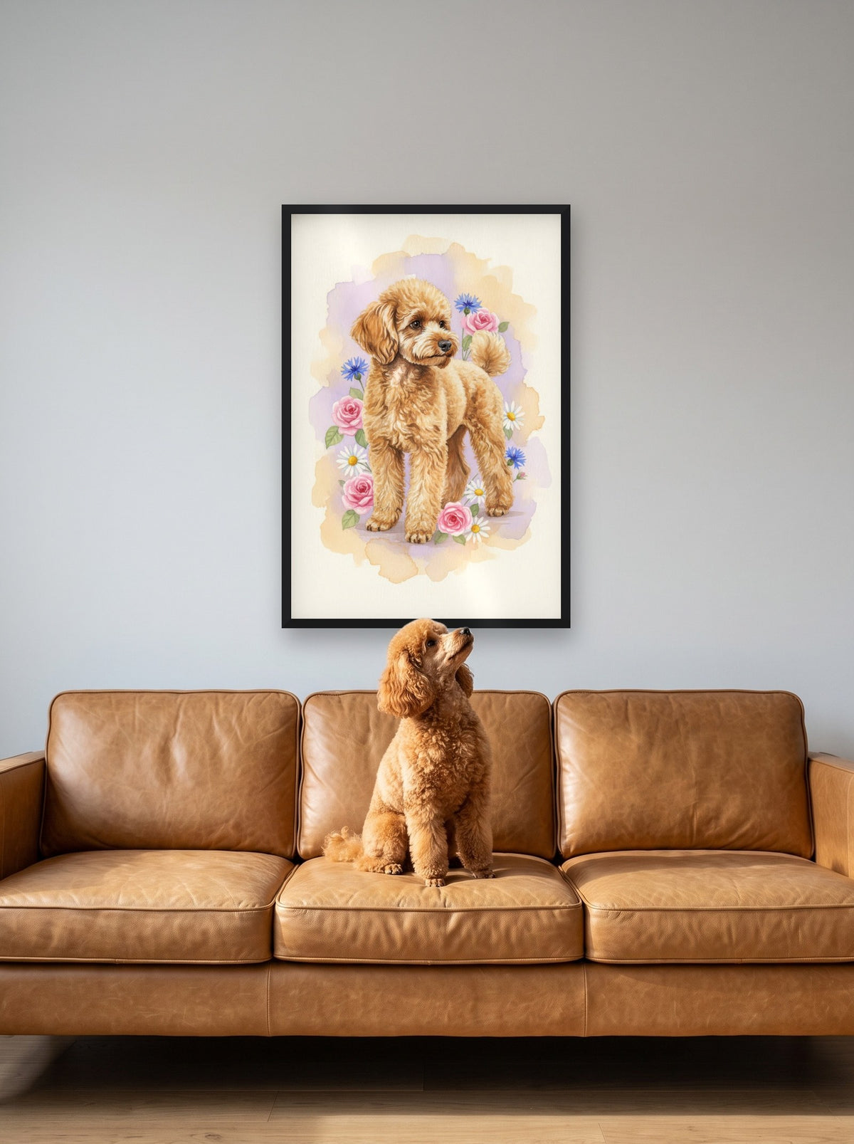 Apricot - Miniature Poodle watercolour-style print, framed on the wall above a miniature poodle on a sofa (AI-generated photo)