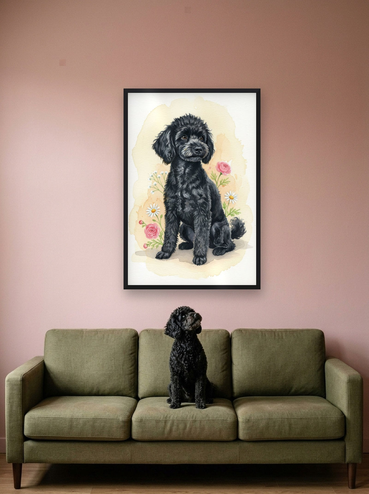 Black - Miniature Poodle watercolour-style print, framed on the wall above a miniature poodle on a sofa (AI-generated photo)