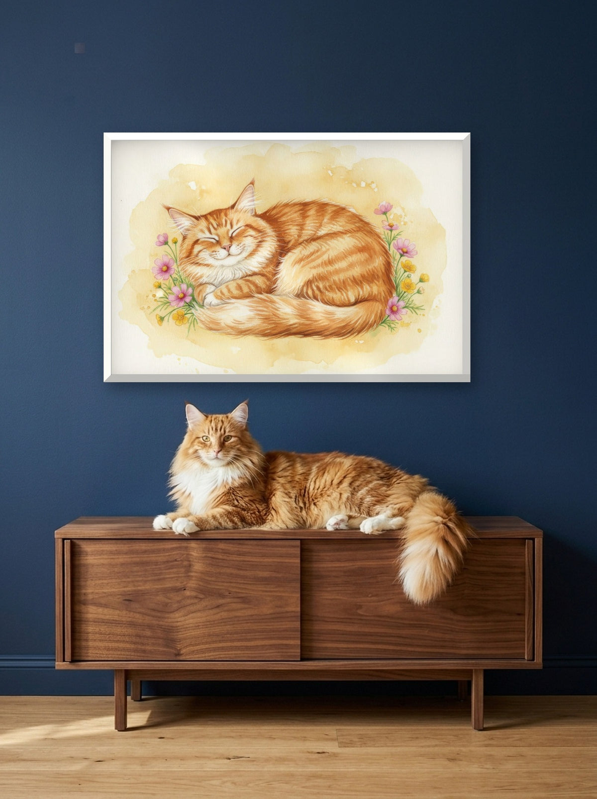 Red Tabby - Norwegian Forest Cat watercolour-style print, framed on the wall above a norwegian forest cat on a sideboard (AI-generated photo)