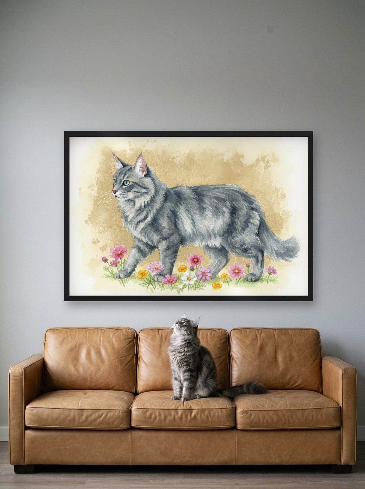 Silver Tabby - Norwegian Forest Cat watercolour-style print, framed on the wall above a norwegian forest cat on a sofa (AI-generated photo)