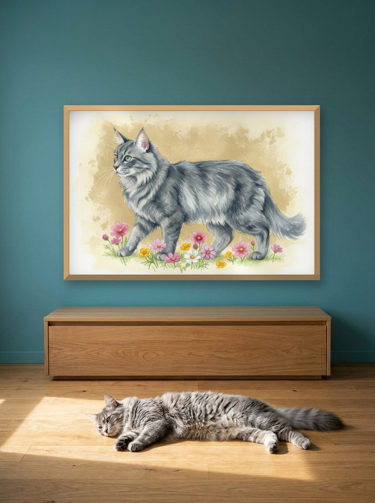 Silver Tabby - Norwegian Forest Cat watercolour-style print, framed on the wall above a norwegian forest cat in a sunny room (AI-generated photo)
