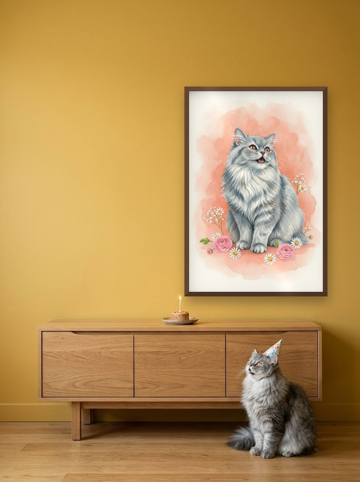 Blue - Persian Cat watercolour-style print, framed on the wall above a persian cat on its birthday (AI-generated photo)
