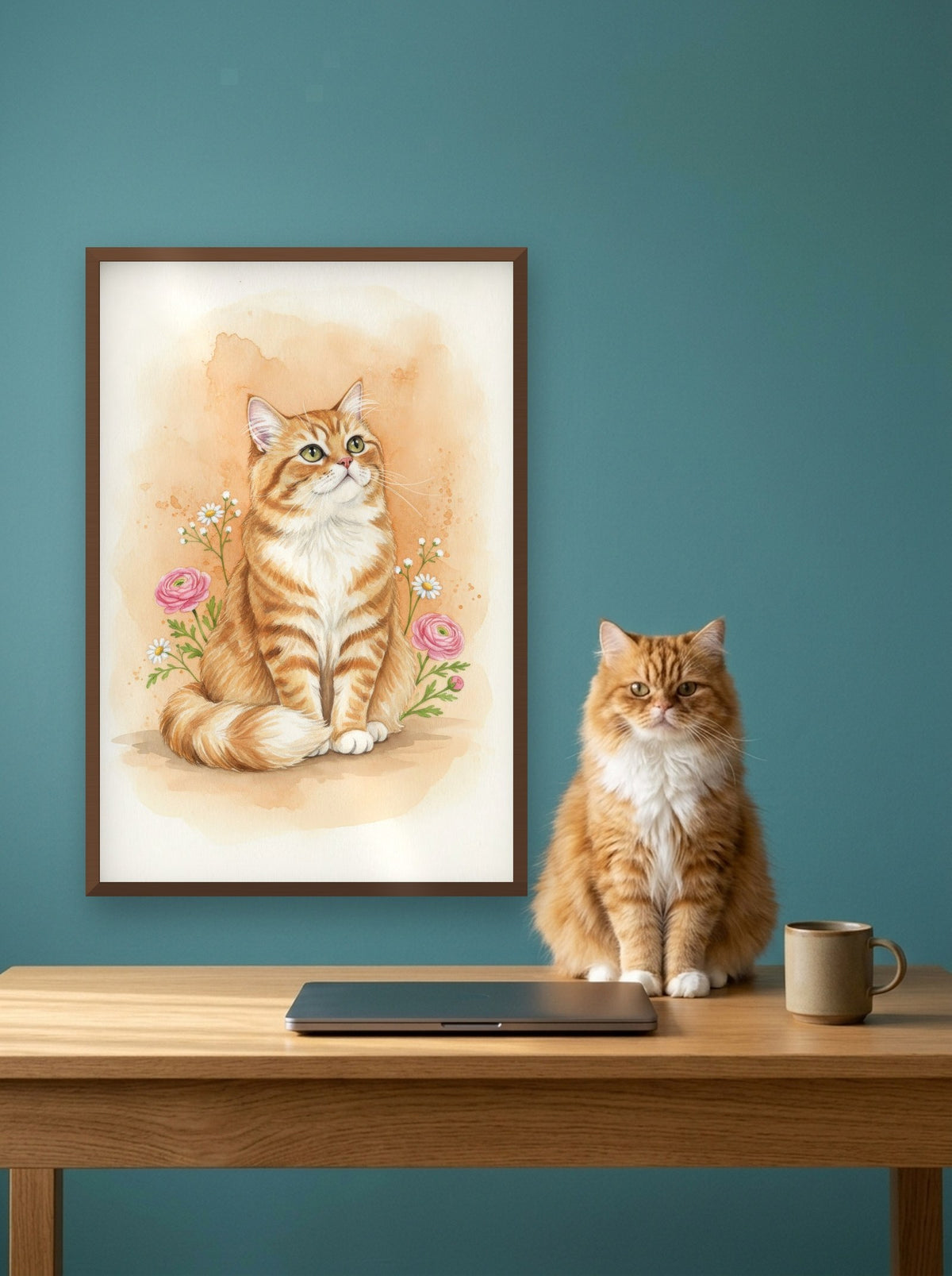 Red Tabby - Persian Cat watercolour-style print, framed on the wall above a persian cat at a desk (AI-generated photo)