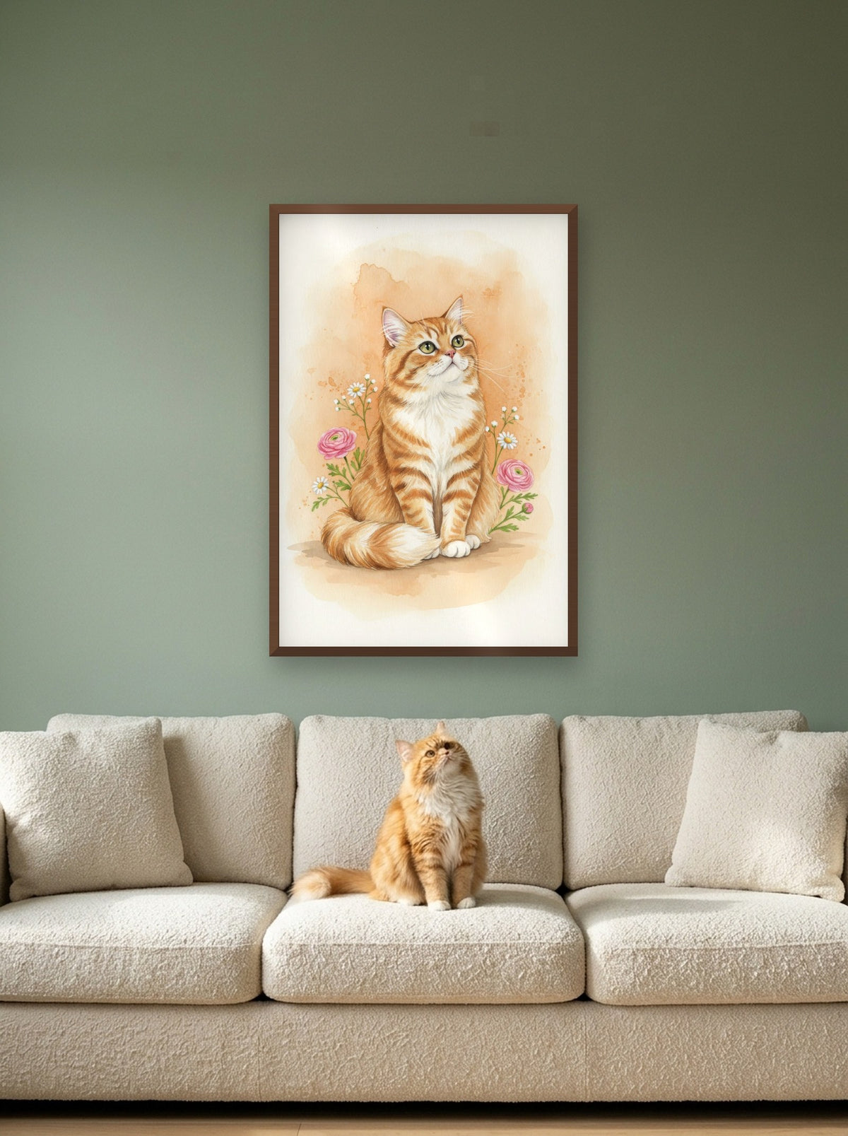 Red Tabby - Persian Cat watercolour-style print, framed on the wall above a persian cat on a sofa (AI-generated photo)