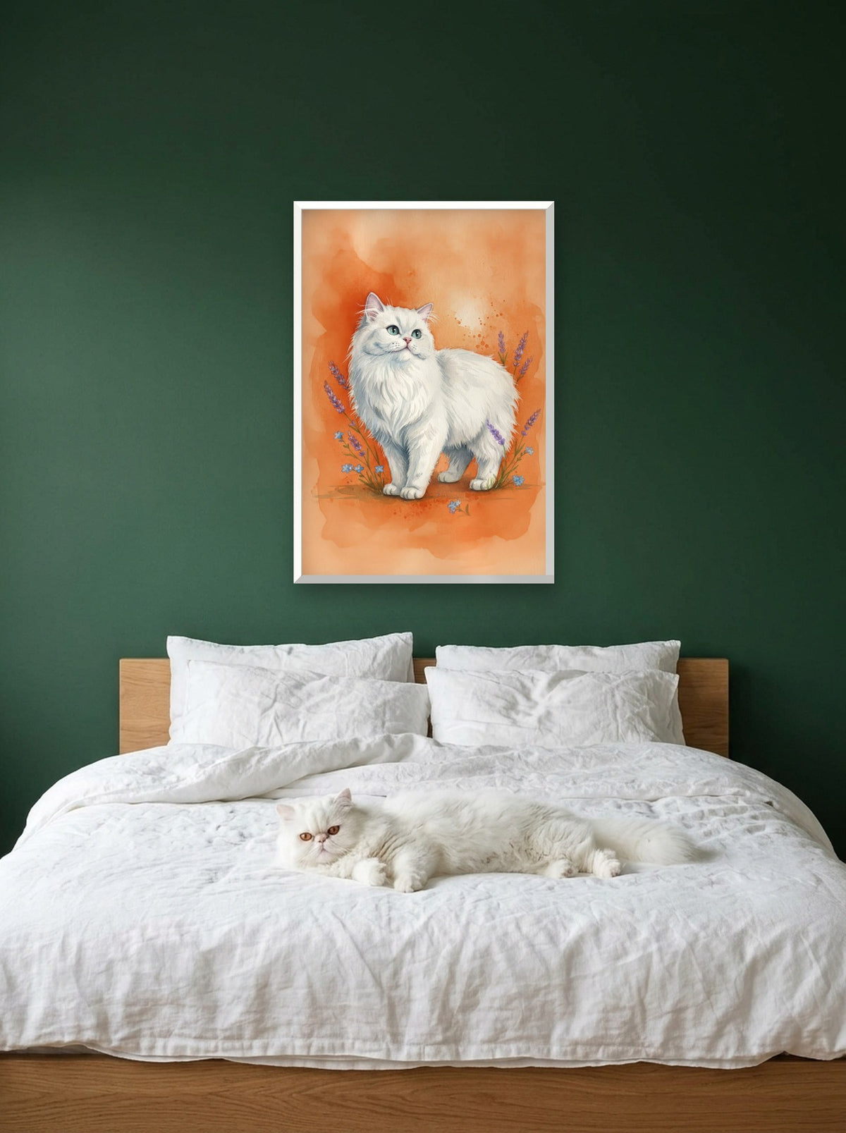 White - Persian Cat watercolour-style print, framed on the wall above a persian cat on a bed (AI-generated photo)
