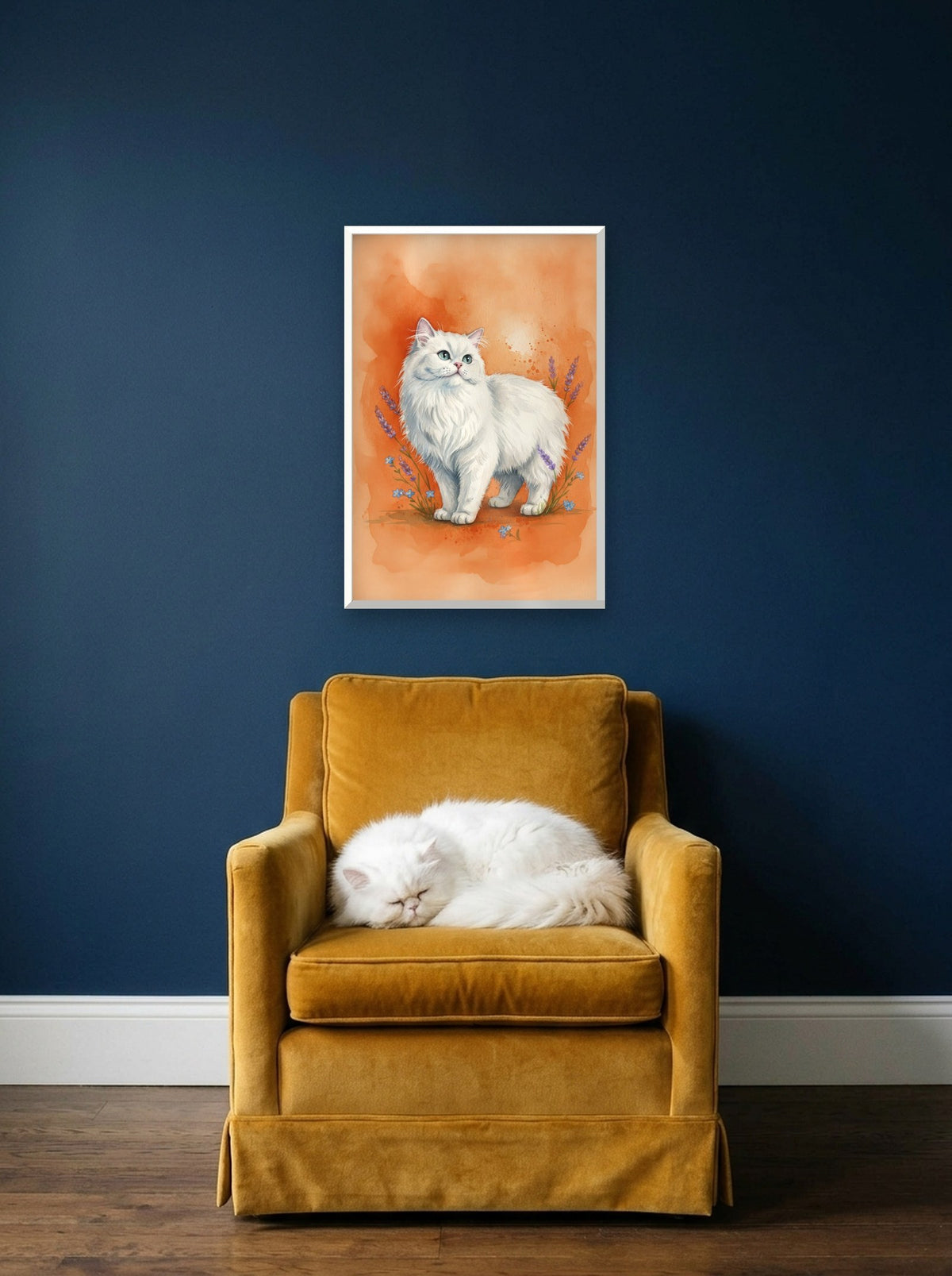 White - Persian Cat watercolour-style print, framed on the wall above a persian cat in an armchair (AI-generated photo)