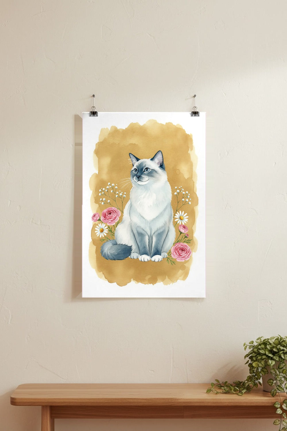 Blue Point - Ragdoll Cat watercolour print hung with clips on a gallery wall