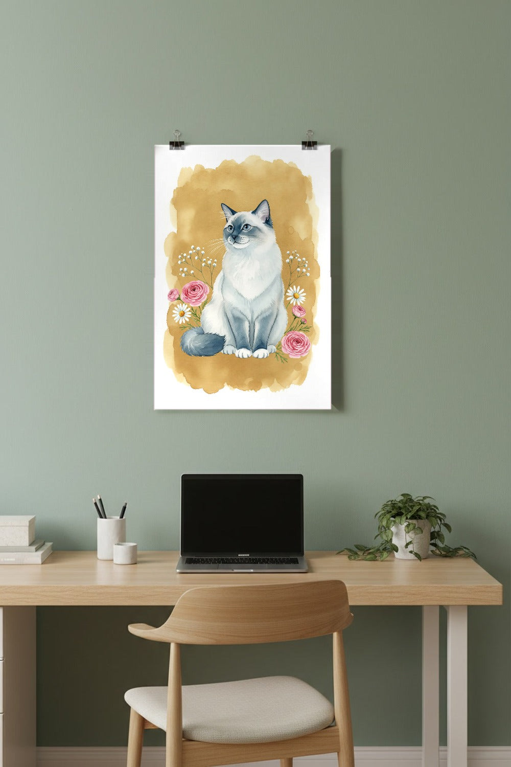 Blue Point - Ragdoll Cat watercolour print hung with clips in a home office