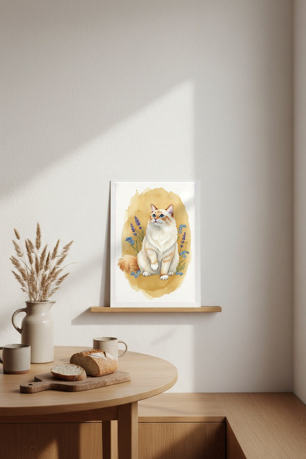 Flame (Red) Point - Ragdoll Cat watercolour print leaning in a kitchen nook