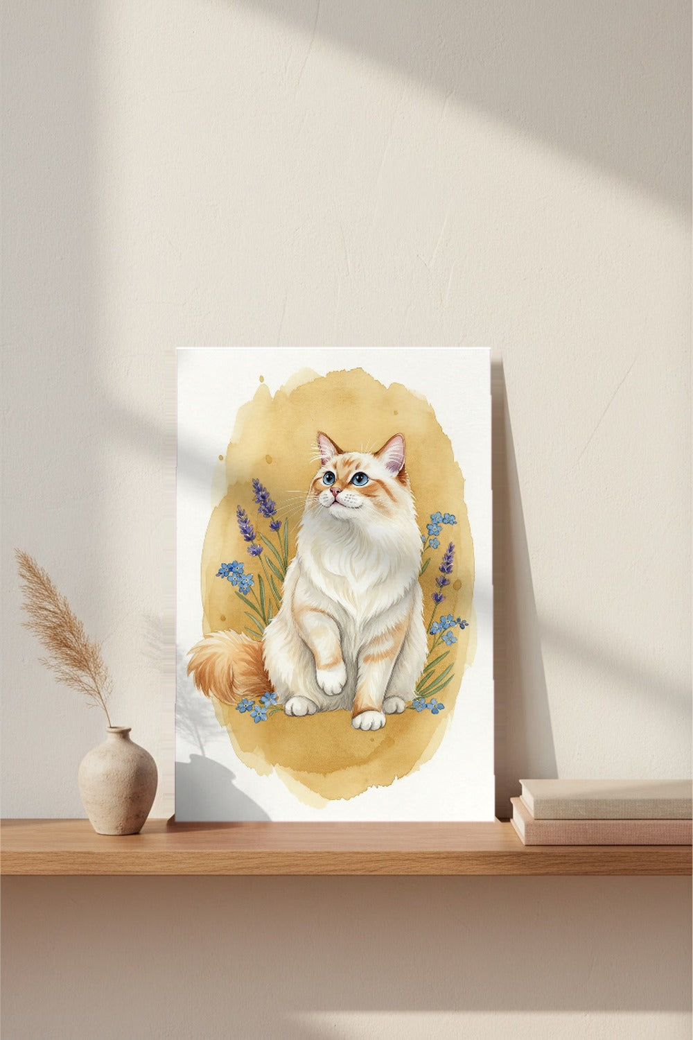 Flame (Red) Point - Ragdoll Cat watercolour print leaning on a picture ledge