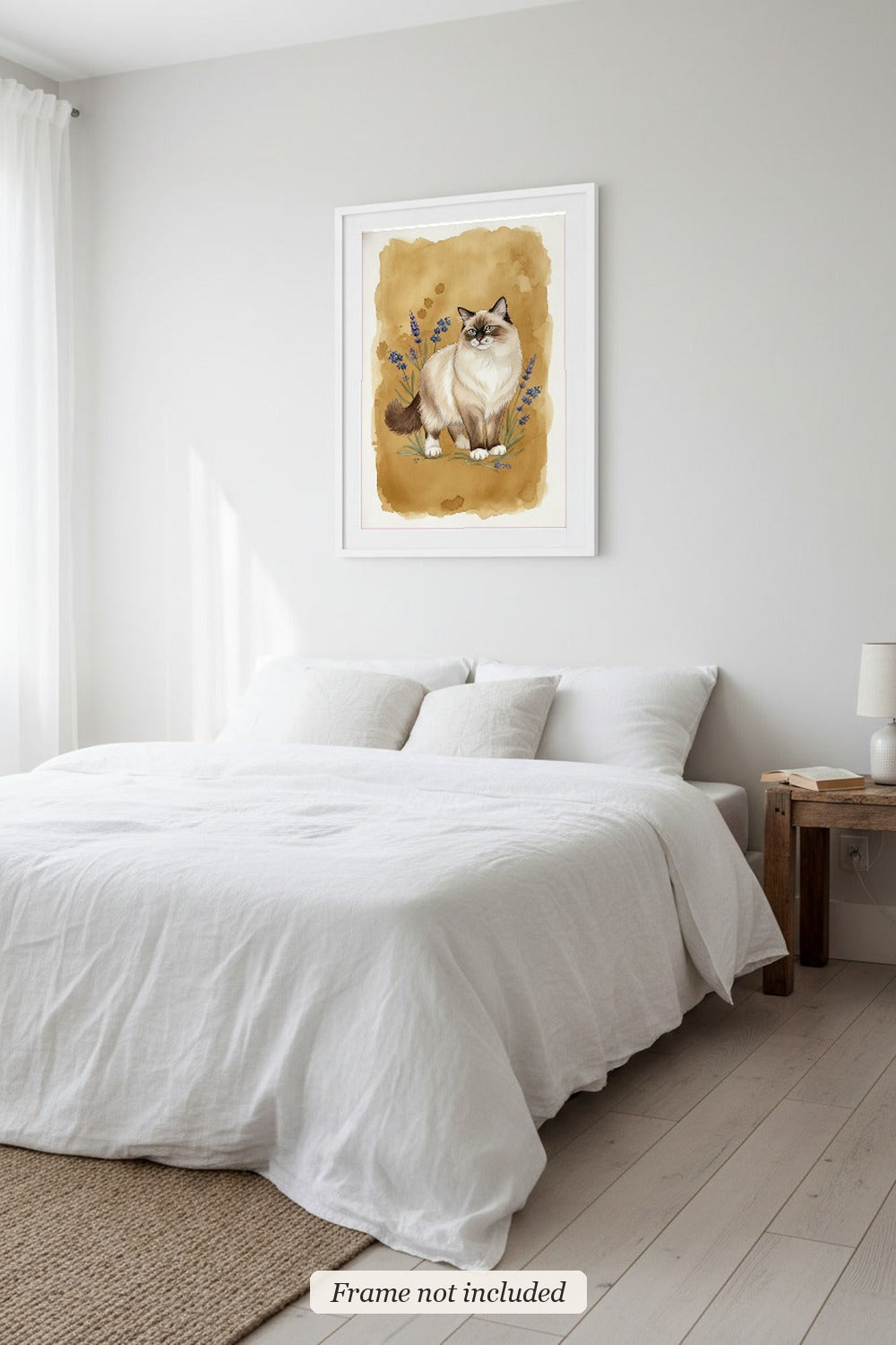 Seal Mitted - Ragdoll Cat watercolour print in a slim white frame (frame not included) in a bedroom