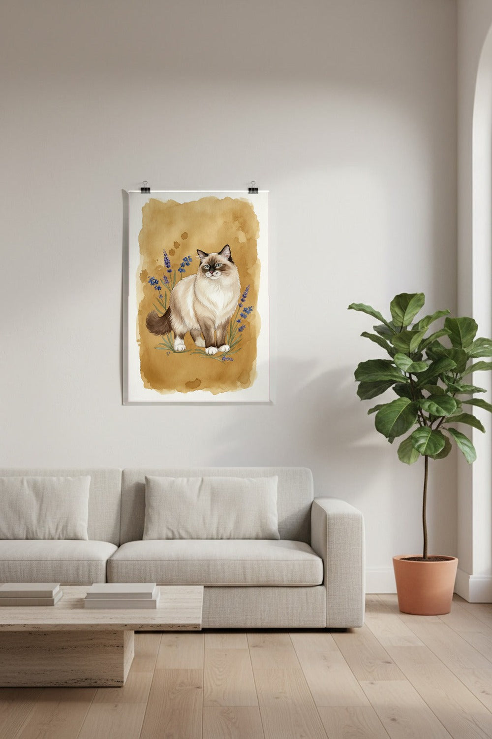 Seal Mitted - Ragdoll Cat watercolour print hung with clips in a designer loft