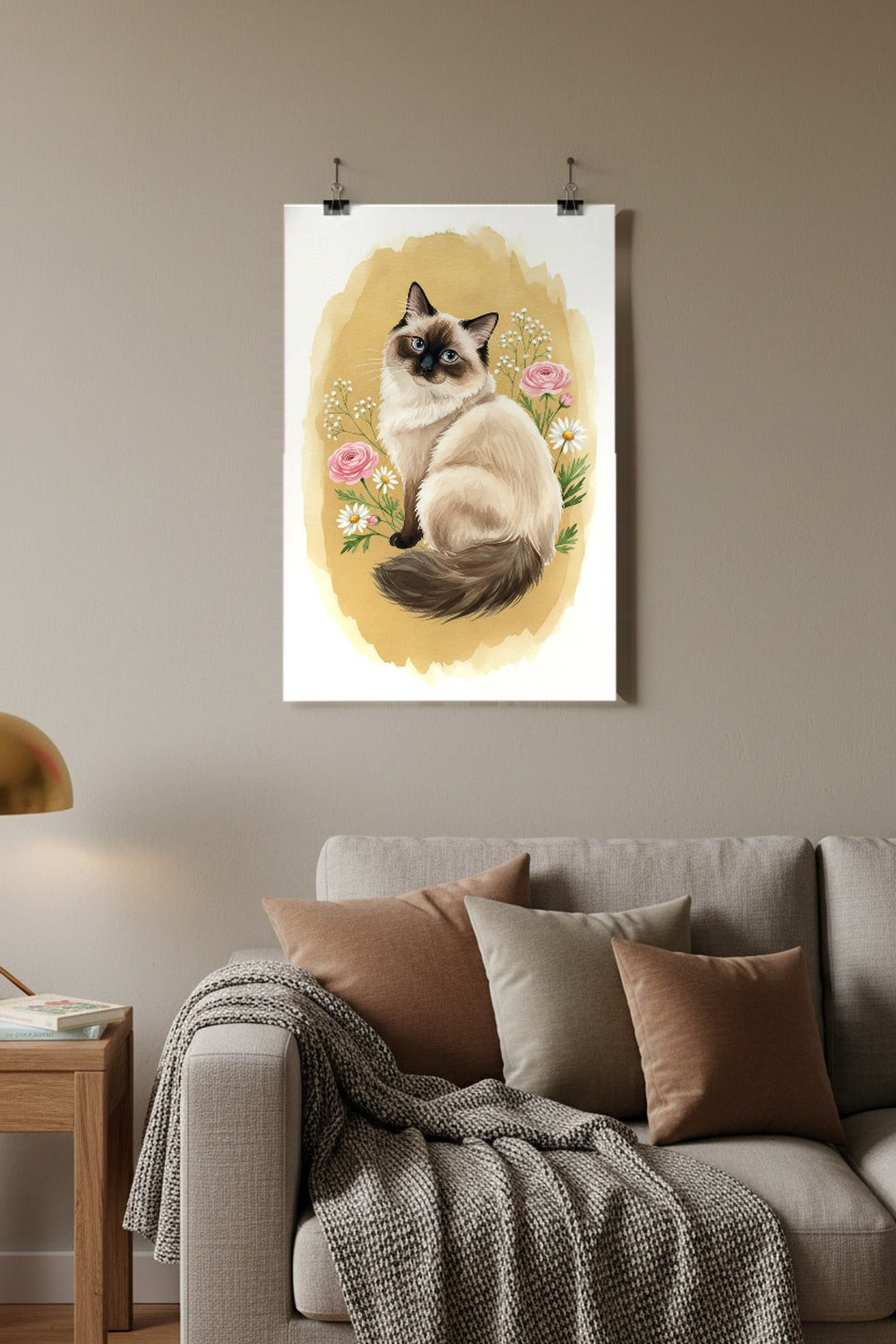 Seal Point - Ragdoll Cat watercolour print hung with clips in a family living room