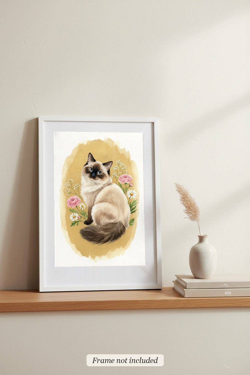Seal Point - Ragdoll Cat watercolour print in a slim white frame (frame not included), leaning on a picture ledge