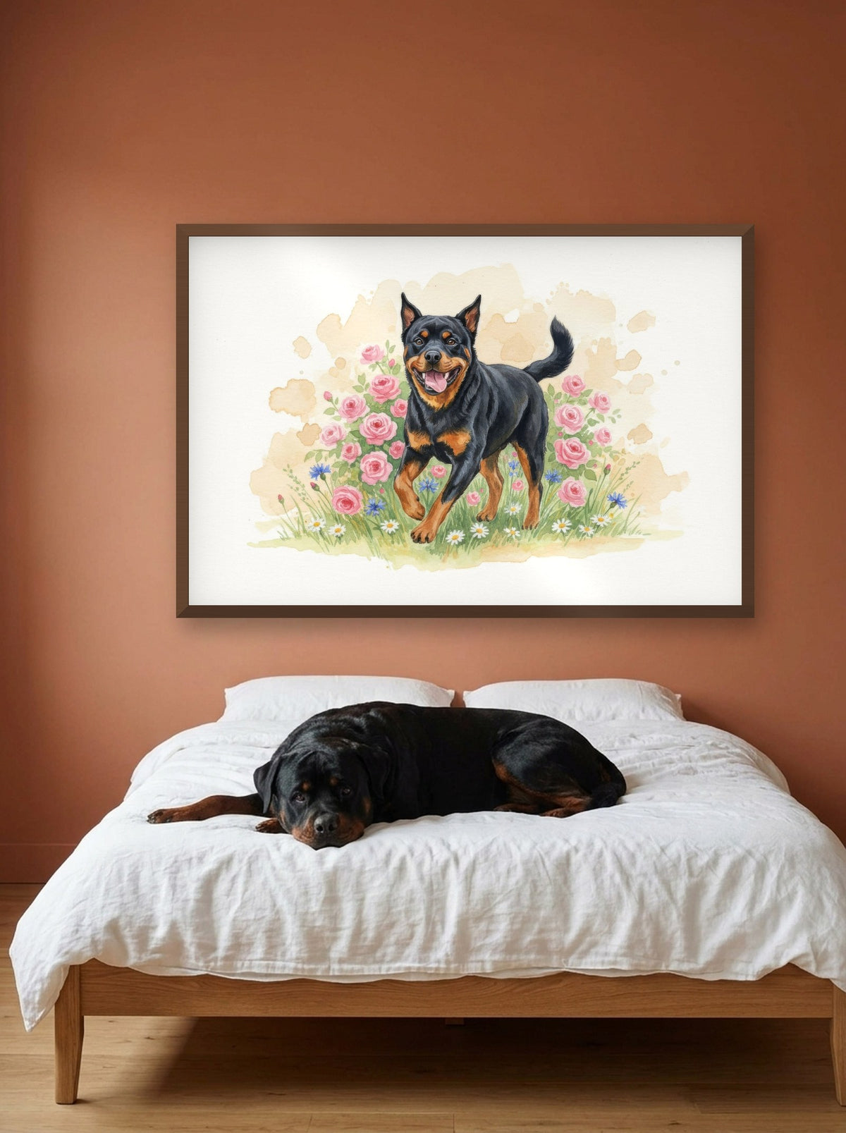 Black and Rust - Rottweiler watercolour-style print, framed on the wall above a rottweiler on a bed (AI-generated photo)