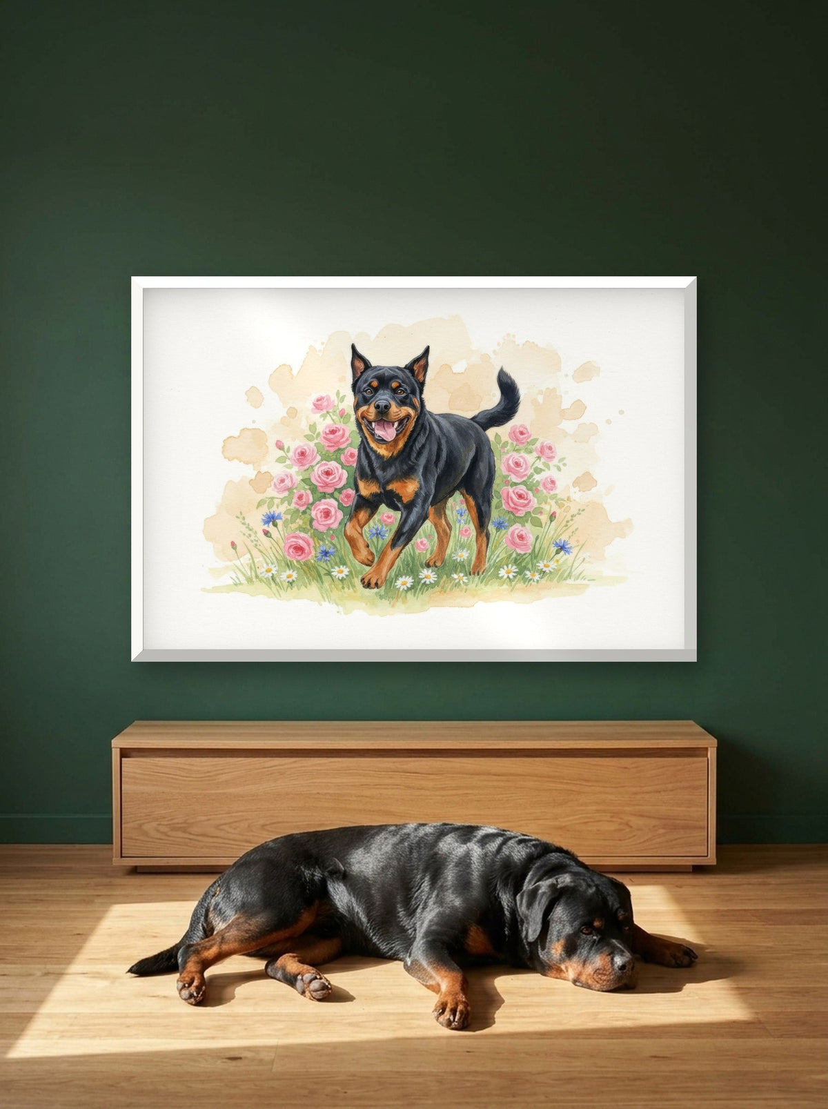 Black and Rust - Rottweiler watercolour-style print, framed on the wall above a rottweiler in a sunny room (AI-generated photo)