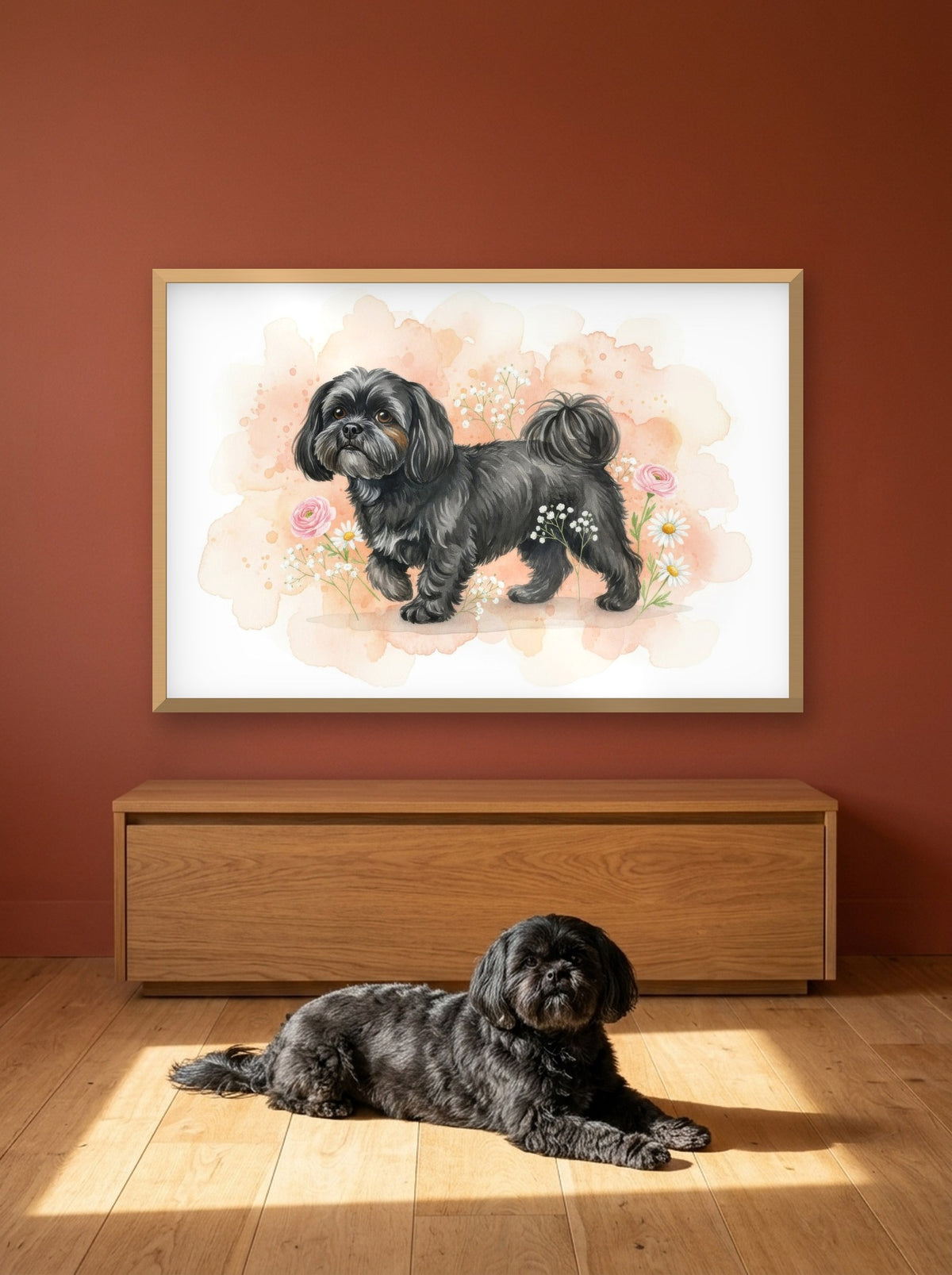 Black - Shih Tzu watercolour-style print, framed on the wall above a shih tzu in a sunny room (AI-generated photo)