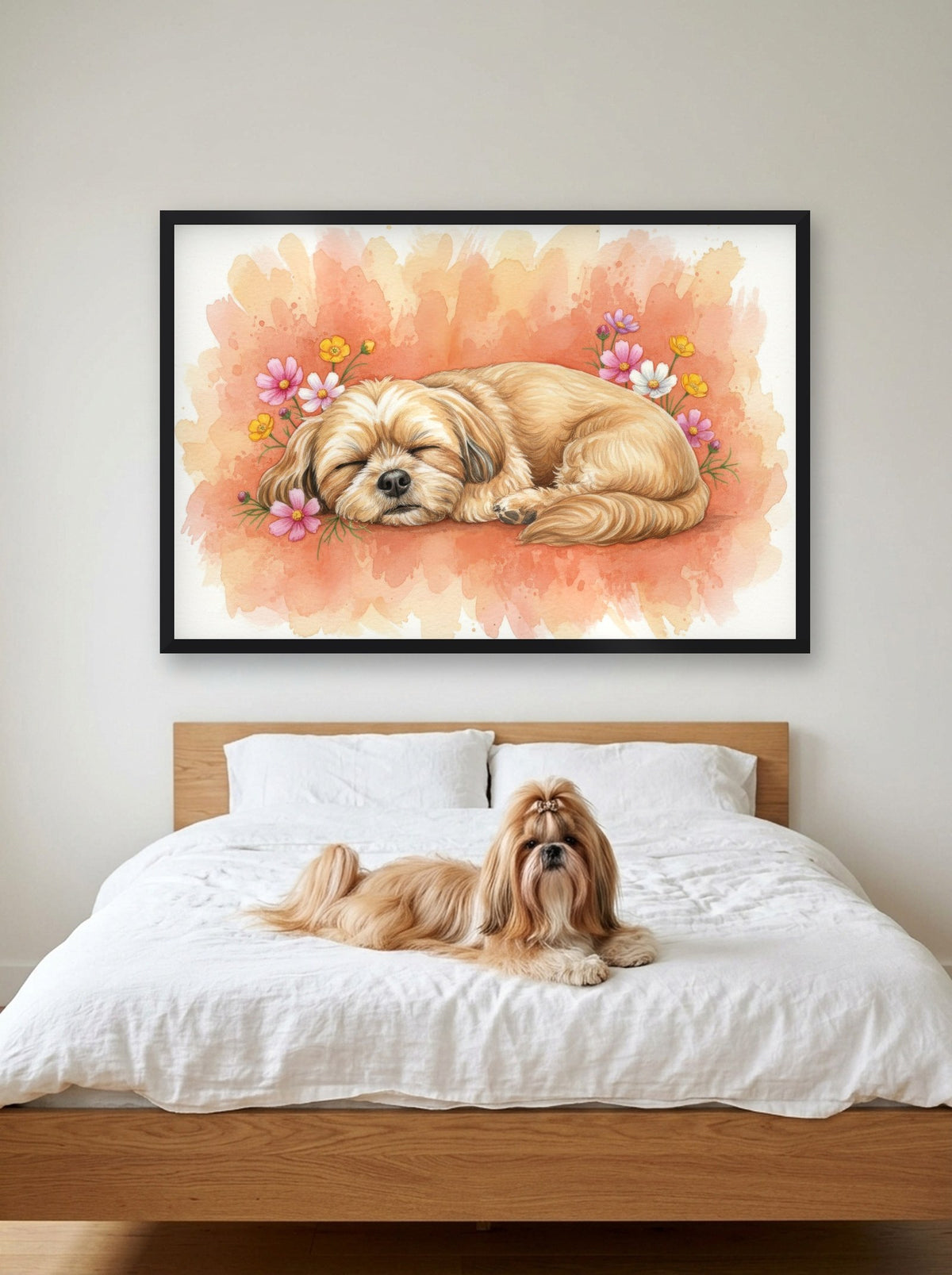 Gold - Shih Tzu watercolour-style print, framed on the wall above a shih tzu on a bed (AI-generated photo)