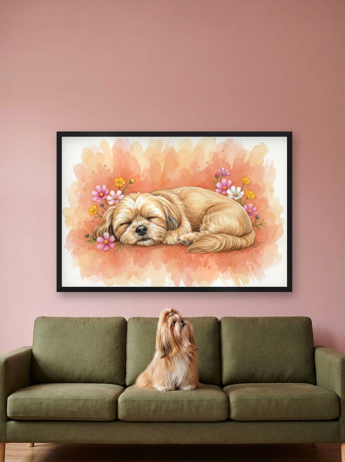 Gold - Shih Tzu watercolour-style print, framed on the wall above a shih tzu on a sofa (AI-generated photo)