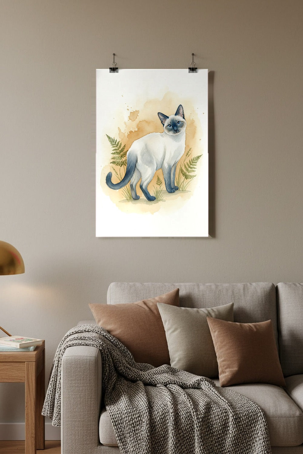Blue Point - Siamese Cat watercolour print hung with clips in a family living room