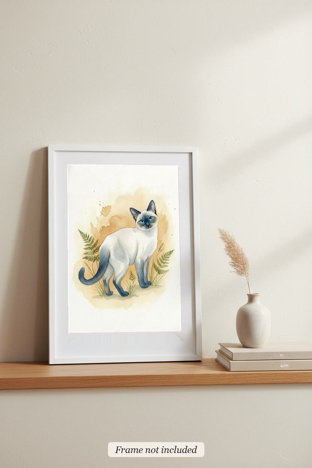 Blue Point - Siamese Cat watercolour print in a slim white frame (frame not included), leaning on a picture ledge
