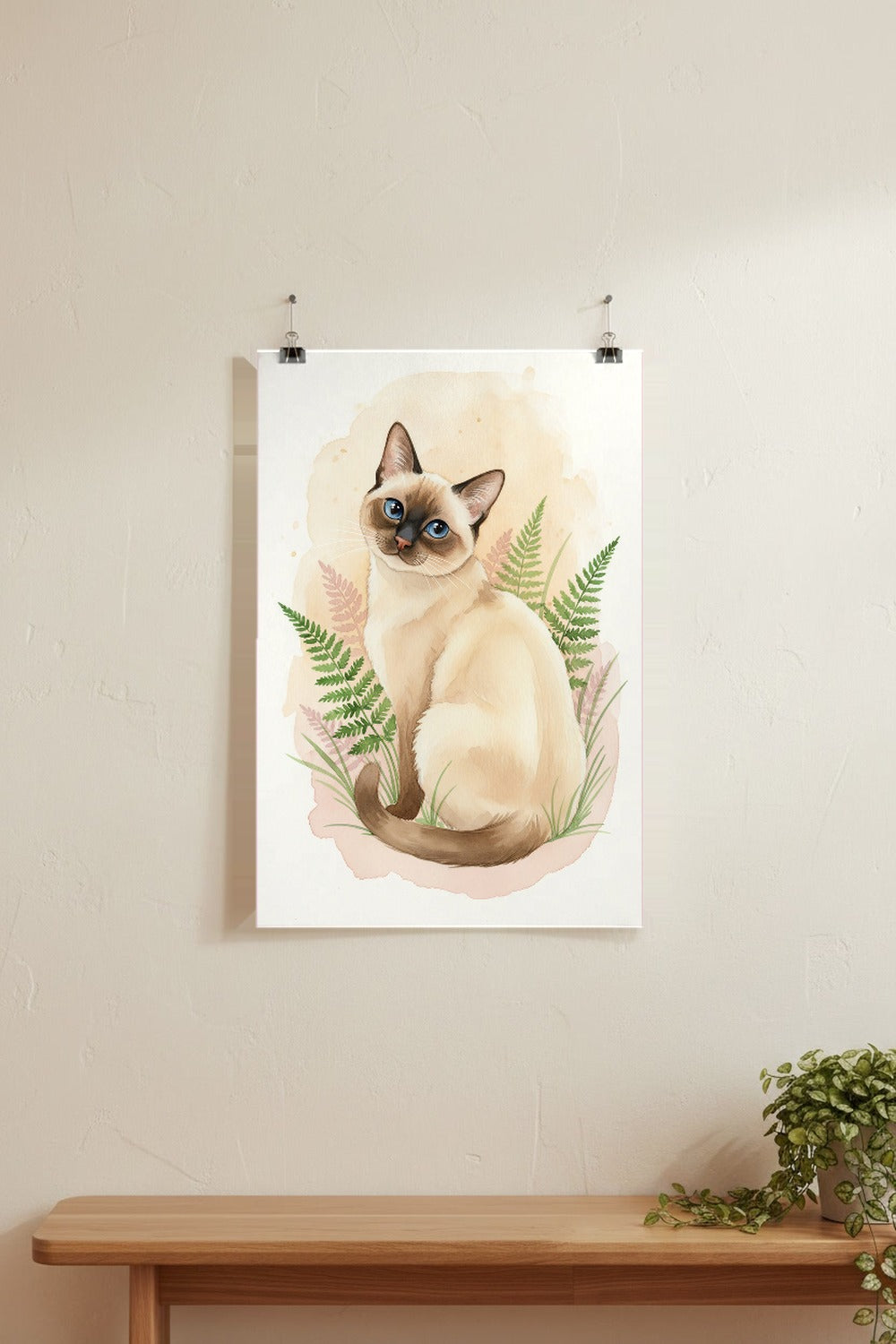 Chocolate Point - Siamese Cat watercolour print hung with clips on a gallery wall