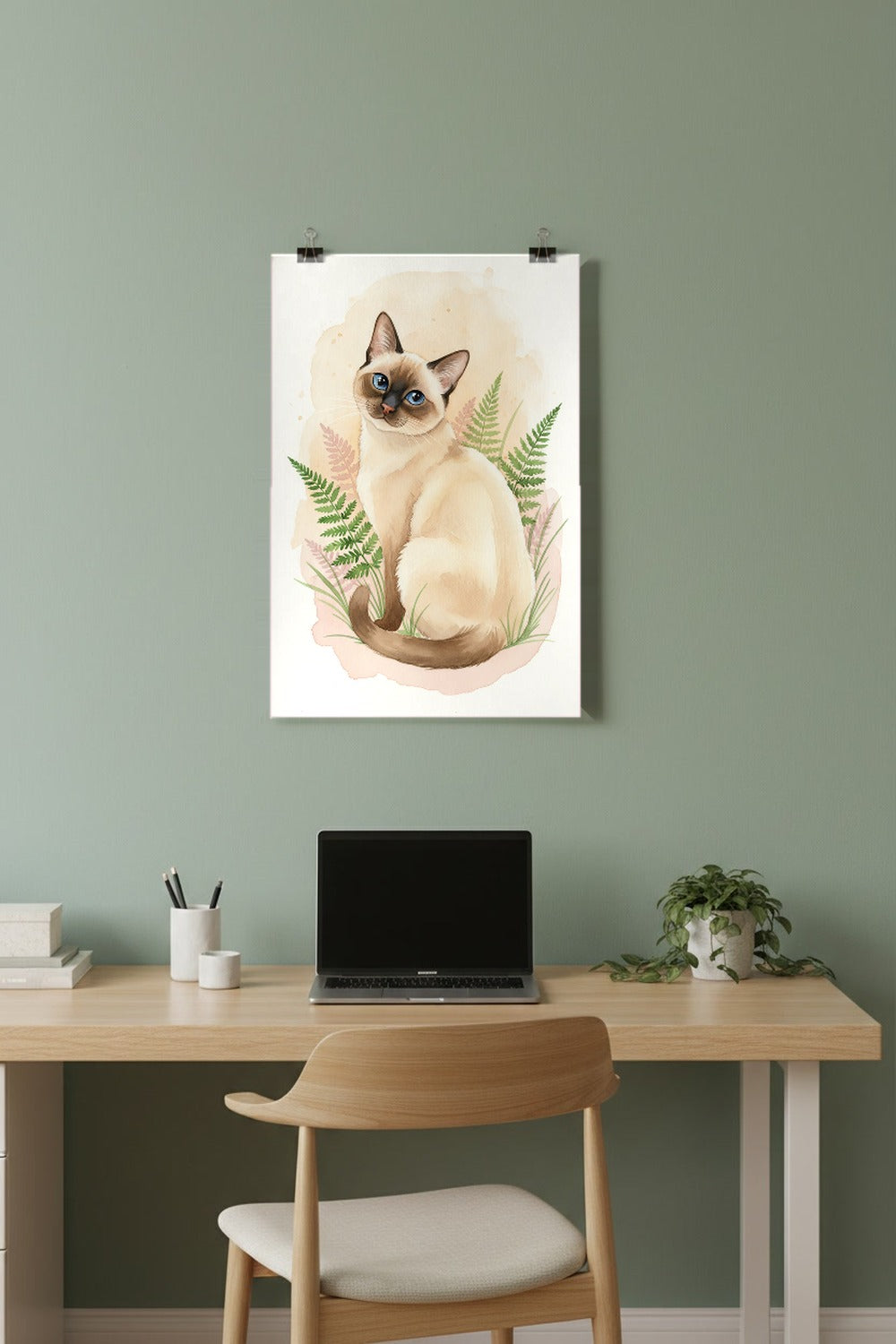 Chocolate Point - Siamese Cat watercolour print hung with clips in a home office