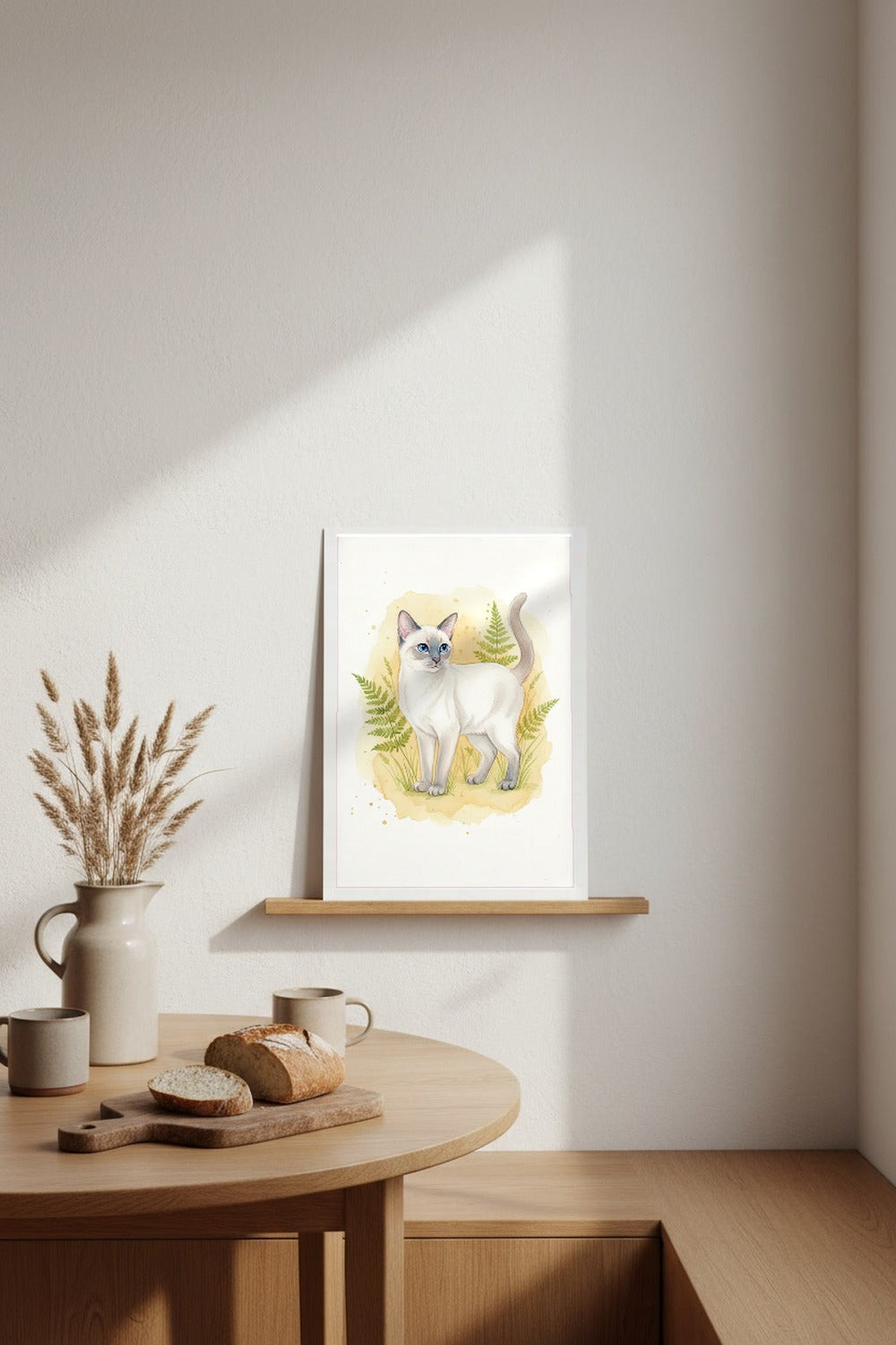 Lilac Point - Siamese Cat watercolour print leaning in a kitchen nook