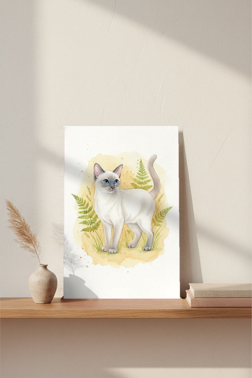 Lilac Point - Siamese Cat watercolour print leaning on a picture ledge