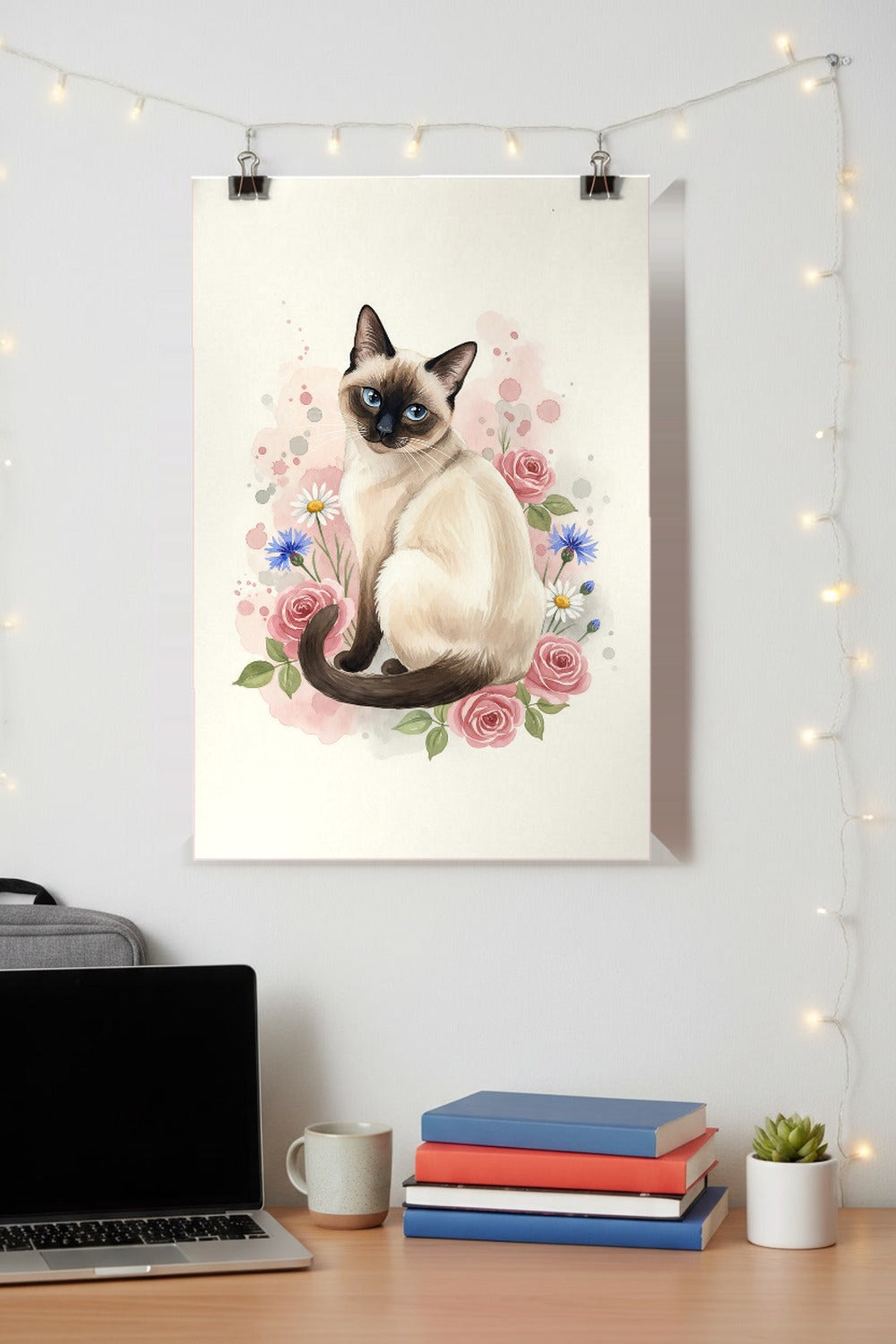 Seal Point - Siamese Cat watercolour print hung with clips above a student desk