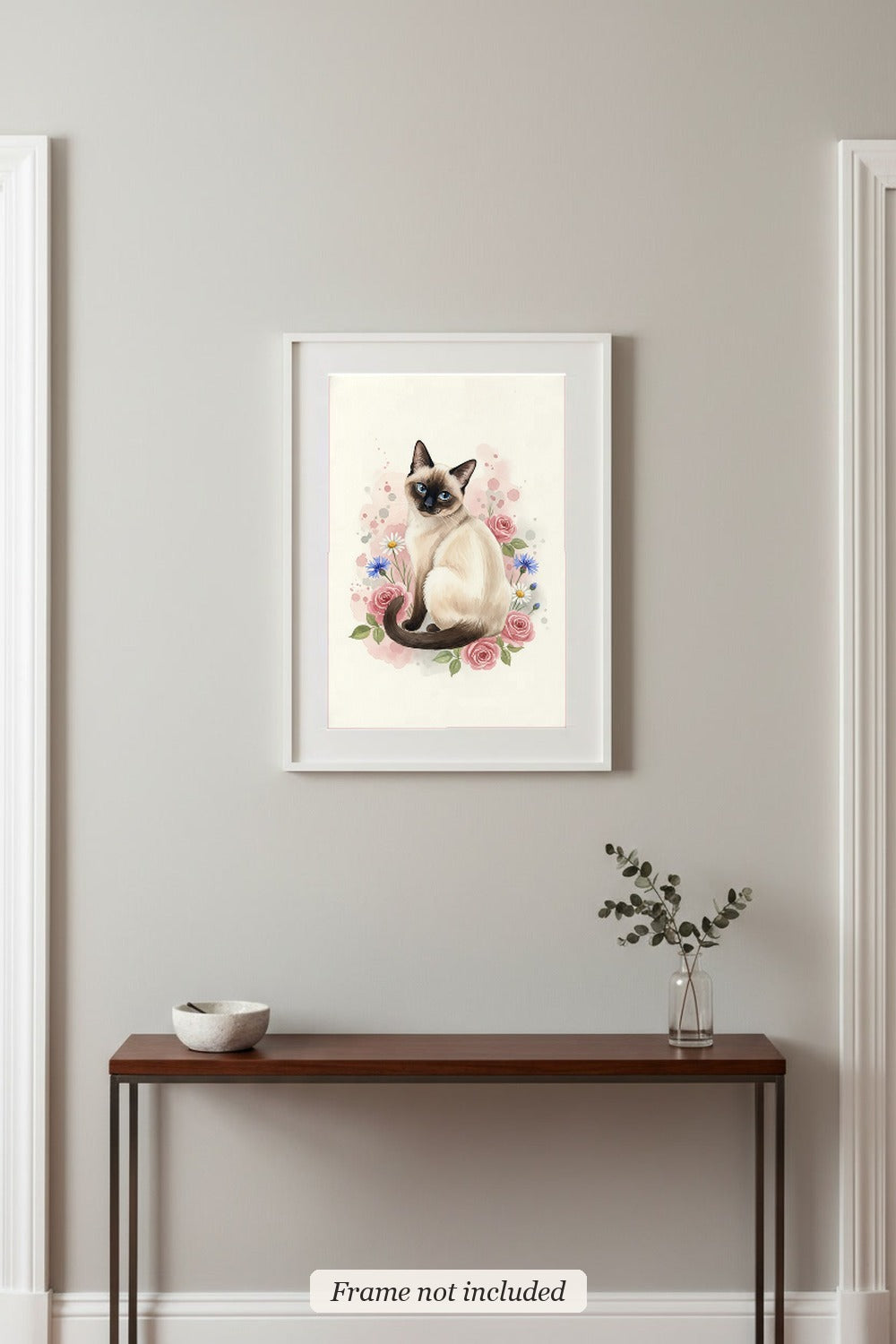 Seal Point - Siamese Cat watercolour print in a slim white frame (frame not included) in an entrance hall