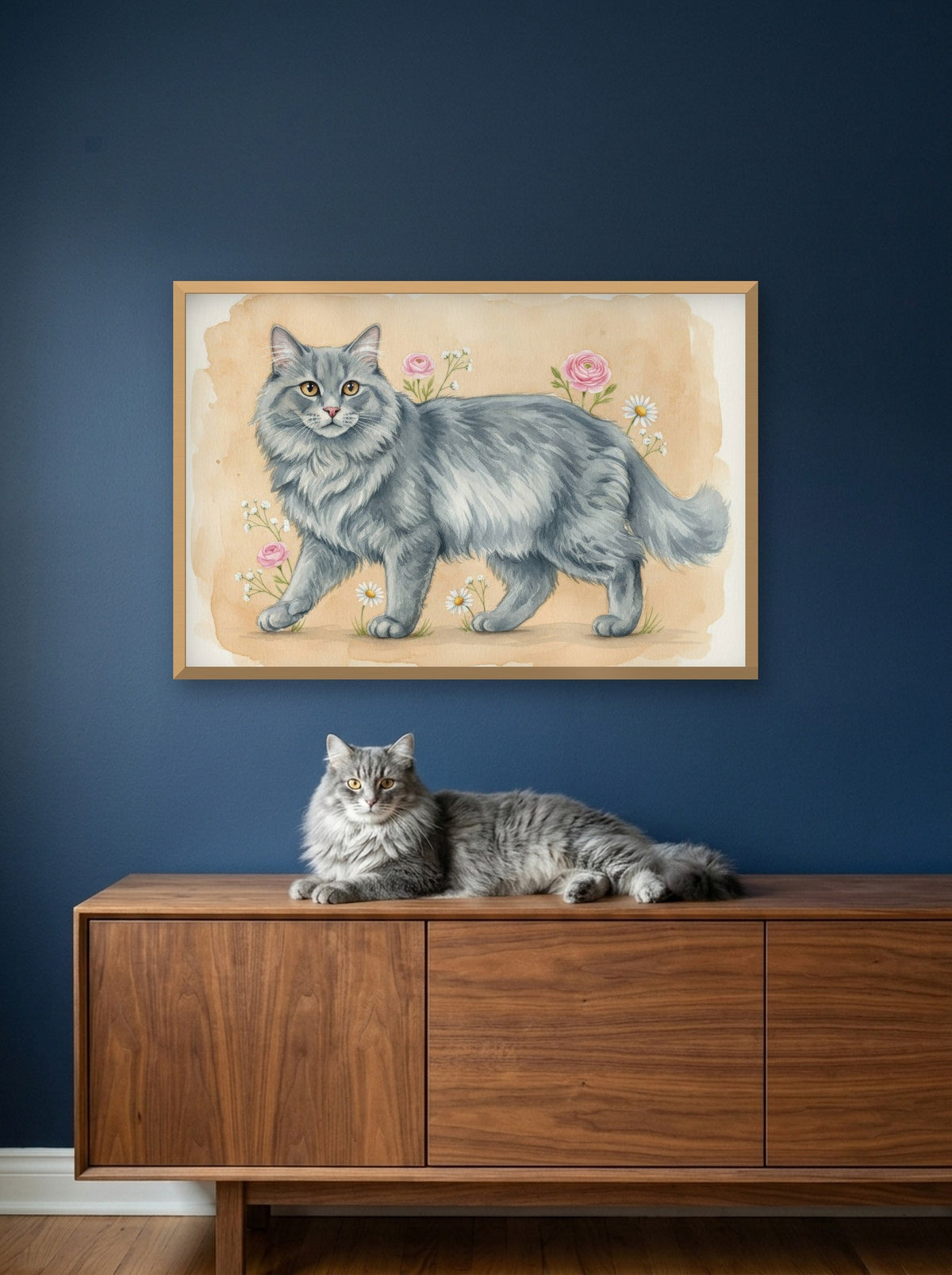 Blue - Siberian Cat watercolour-style print, framed on the wall above a siberian cat on a sideboard (AI-generated photo)
