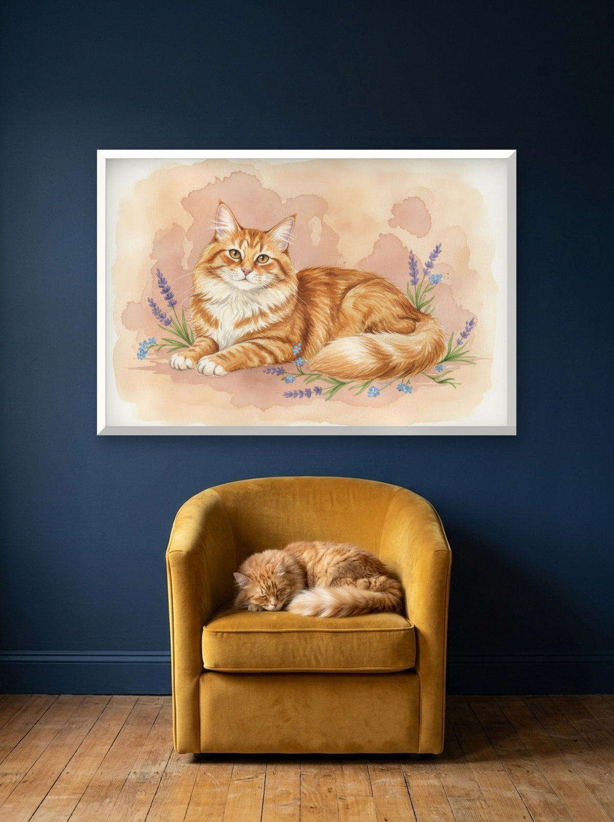 Red Tabby - Siberian Cat watercolour-style print, framed on the wall above a siberian cat in an armchair (AI-generated photo)