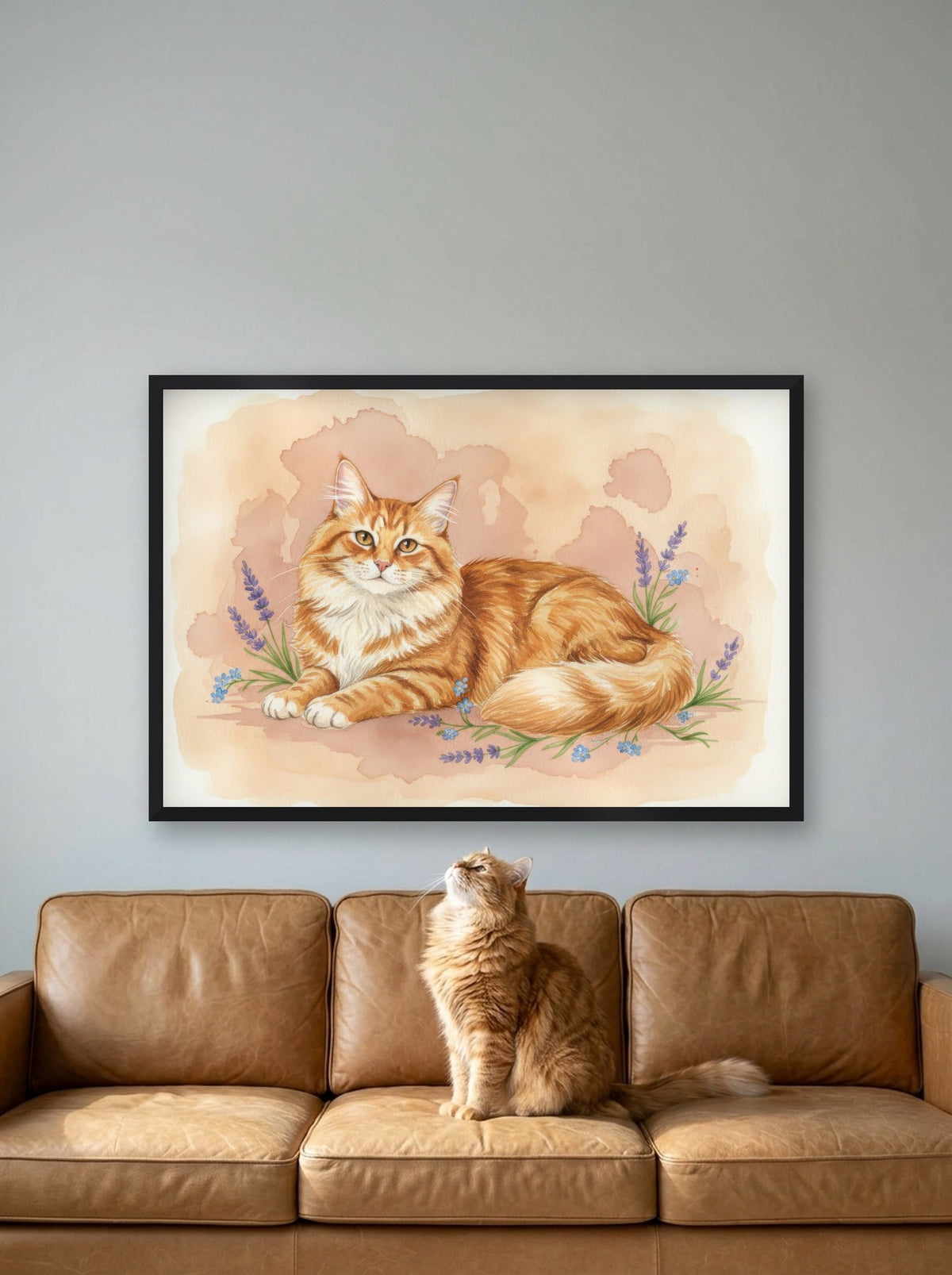 Red Tabby - Siberian Cat watercolour-style print, framed on the wall above a siberian cat on a sofa (AI-generated photo)