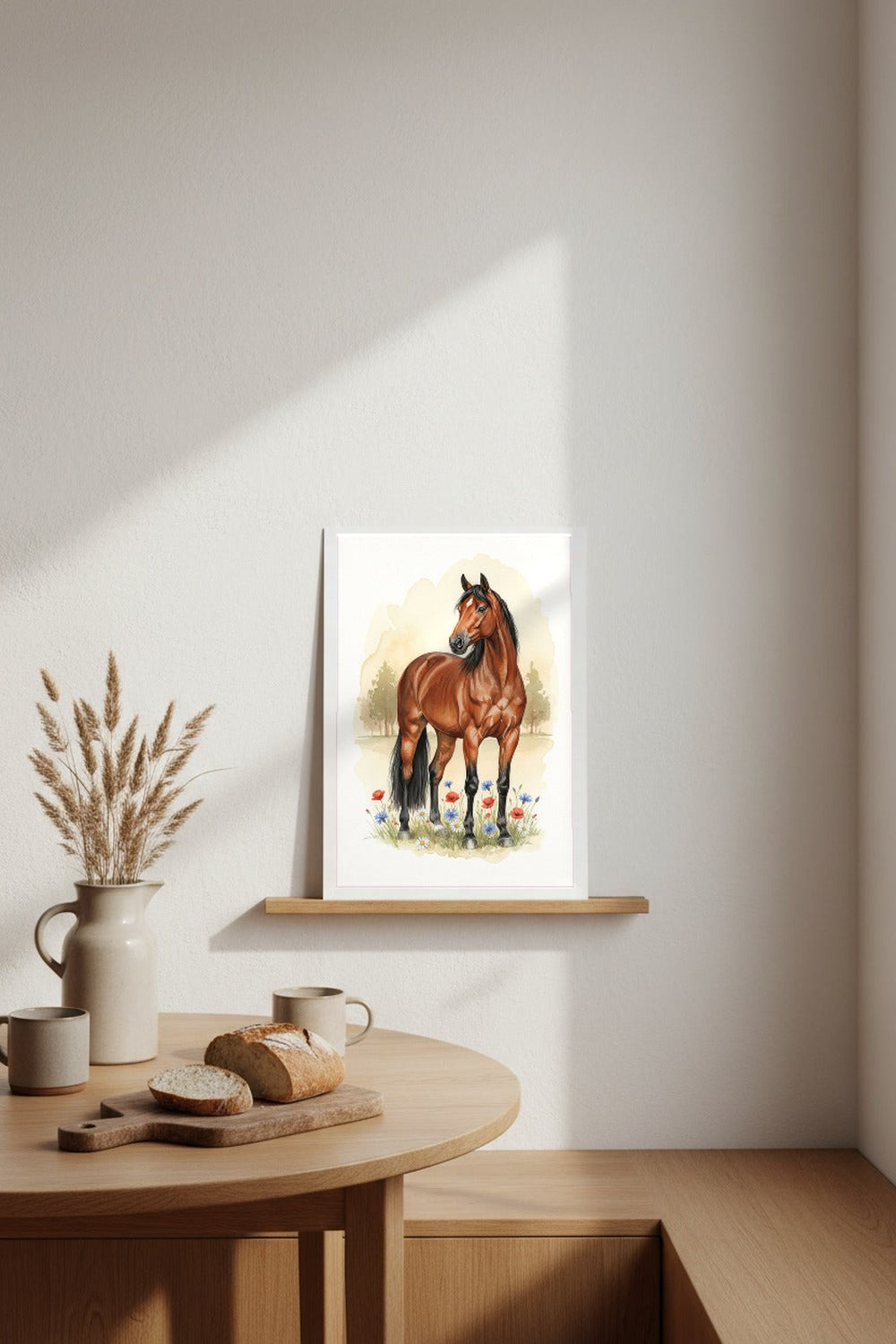 Bay - Swedish Riding Horse watercolour print leaning in a kitchen nook
