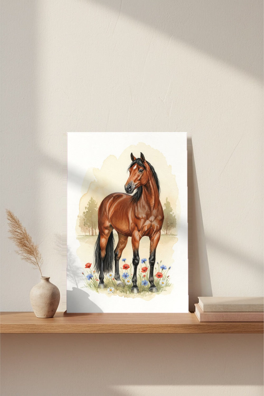 Bay - Swedish Riding Horse watercolour print leaning on a picture ledge